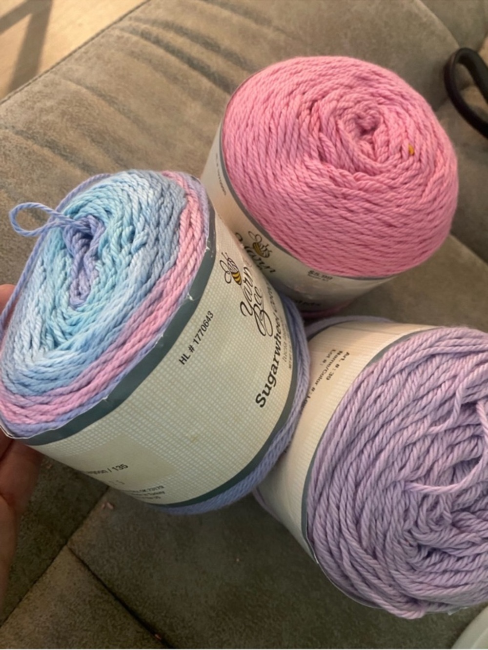 Yarn Bees Sugar’n Cream Pastel Cotton Yarn Cakes - Pink, Lavender, Blue 3 yarns